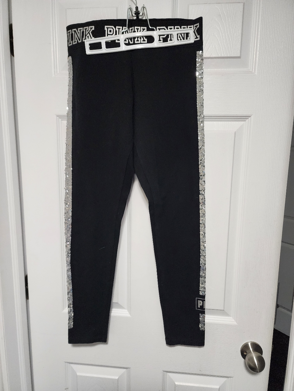 PINK Victoria's Secret Black Leggings with Silver Sequin Side Stripes
